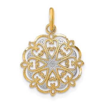 14K and White Rhodium and Diamond-cut Filigree Heart Round Charm