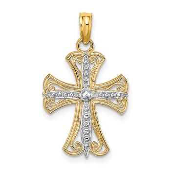 14K and White Rhodium Textured Cross Charm