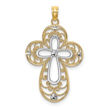 14K W/ Rhodium D/C Filigree Cross Charm
