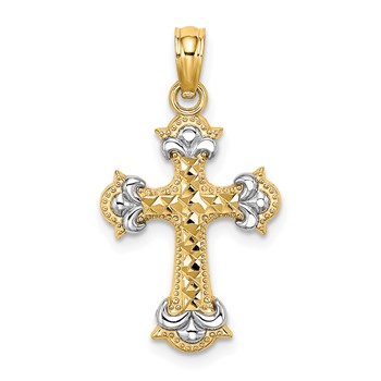 14K with Rhodium Diamond-cut Fleur-De-Lis Cross Charm
