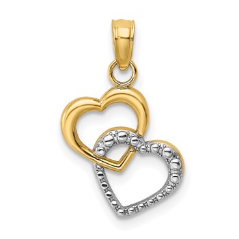 14k and White Rhodium Polished and Textured Intertwined Hearts Charm