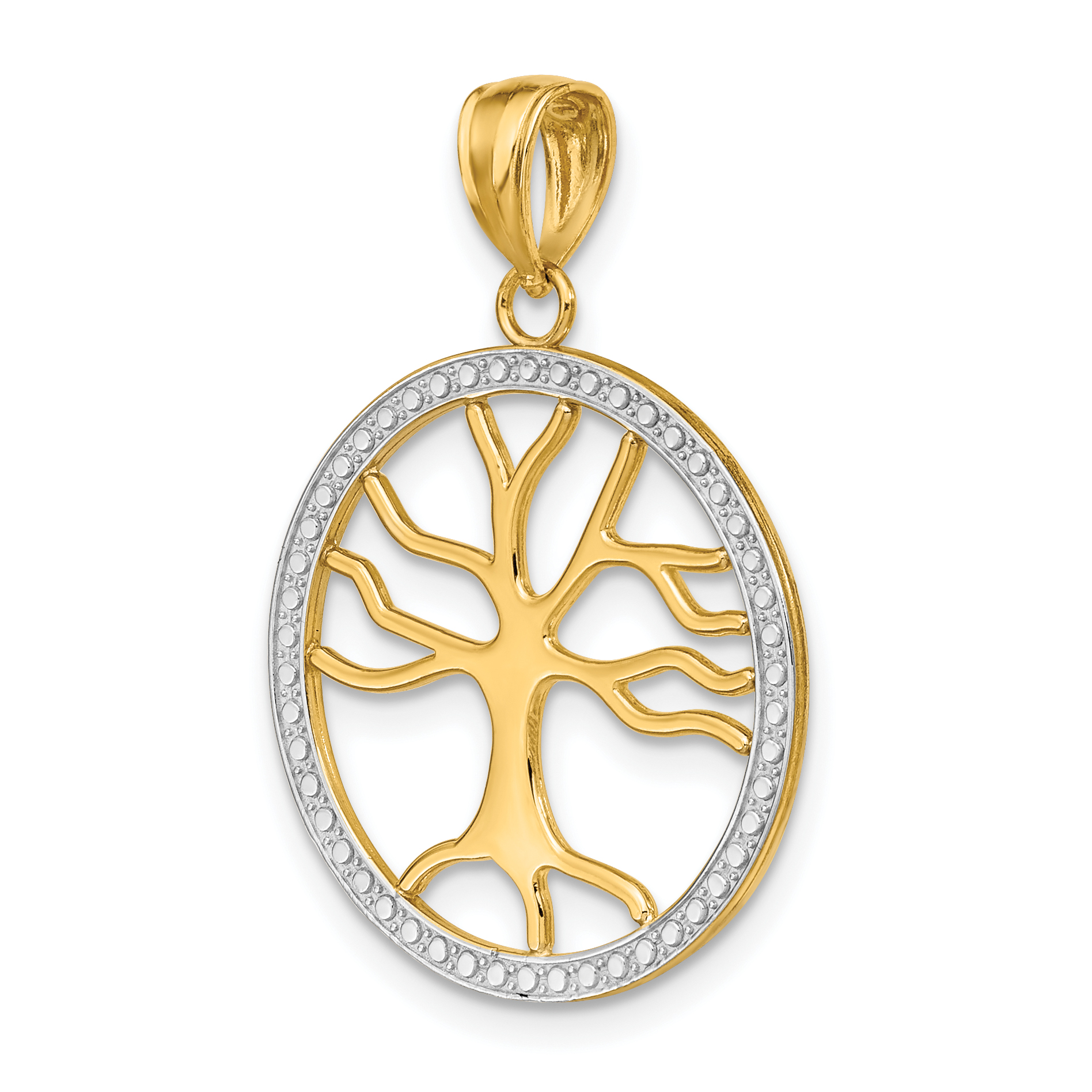 White Rhodium Tree of Life Round Frame Pendant Charm Real 14k Yellow Gold detailed image 5