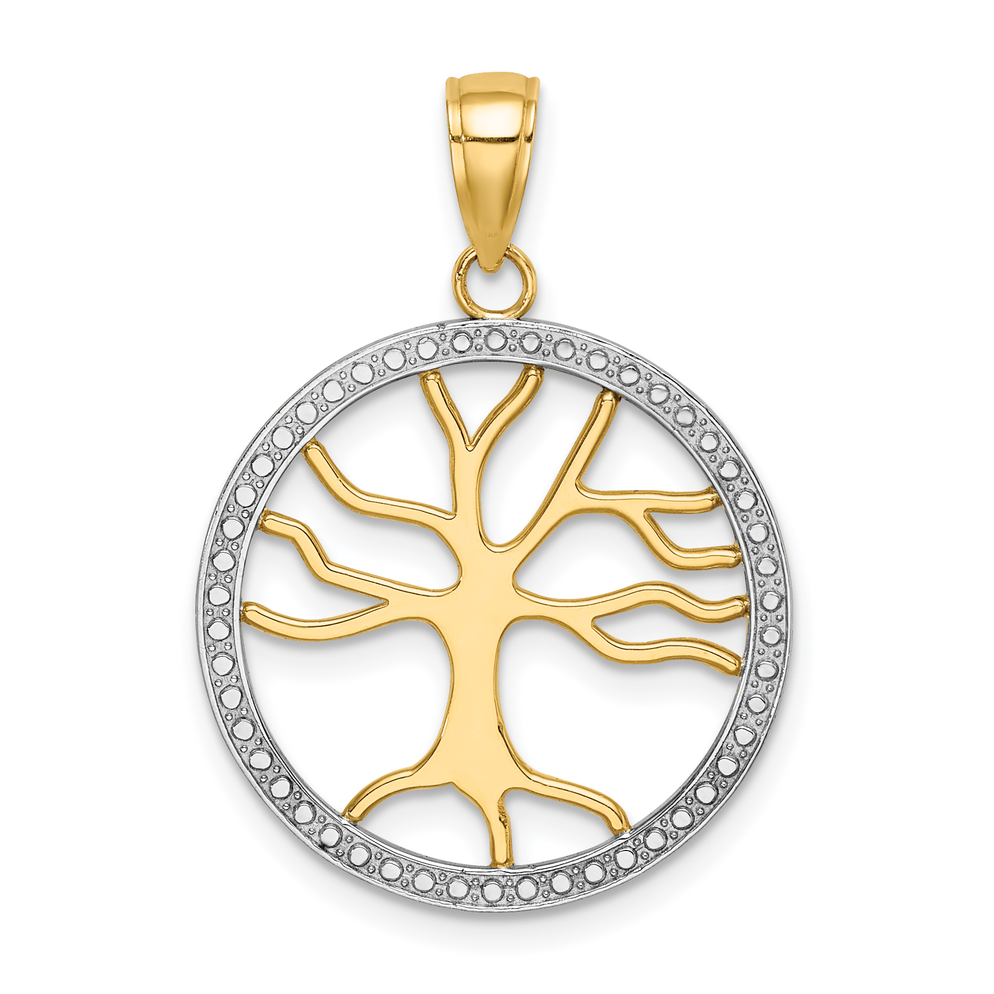 White Rhodium Tree of Life Round Frame Pendant Charm Real 14k Yellow Gold main product image