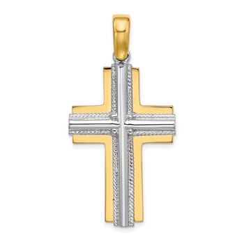 14K Two-tone Ridged Trim Cross Charm