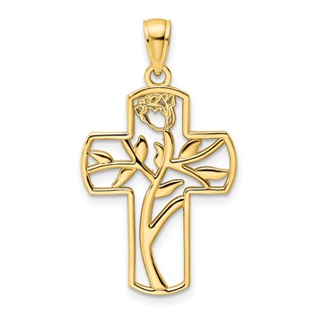 14K Polished Flower Design Cross Pendant