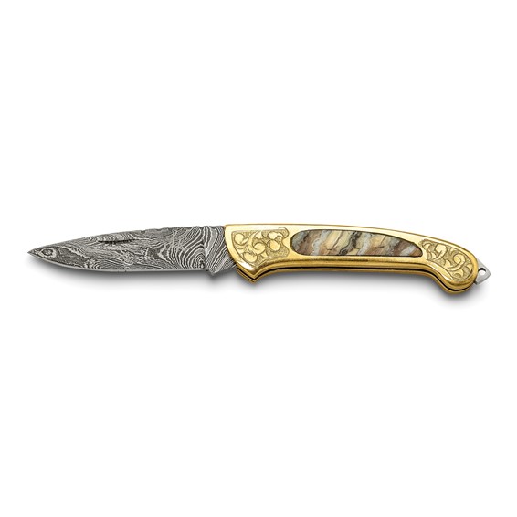 Handmade Damascus Pocket knife, Gold brass Handle, Leather Sheath, Folding  knif