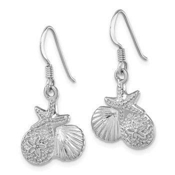 "Sterling Silver Rhodium-plated Polished Starfish, Sand Dollar & Shell Dangle Earring" — alternate view