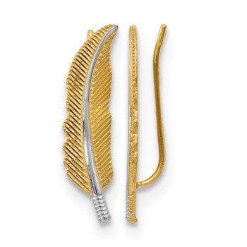 Leslie's 14K w/Rhodium Polished Feather Ear Climber Earrings