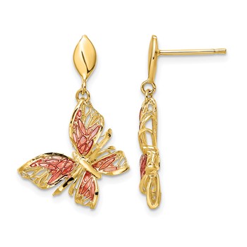 Leslie's 14k Polished D/C Pink Enamel Butterfly Post Dangle Earrings