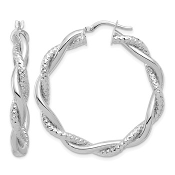 Leslie's 14K White Gold Polished and Textured Twisted Round Hoop Earrings