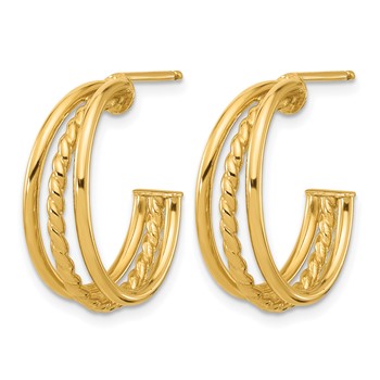 Leslie's 14K Polished and Textured 3-Row Round J-Hoop Post Earrings — alternate view