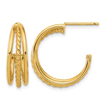 Leslie's 14K Polished and Textured 3-Row Round J-Hoop Post Earrings