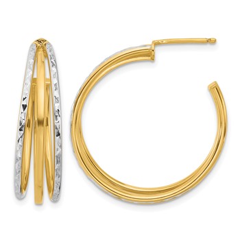 Leslie's 14K w/White Rhodium and D/C 3-Row Round J-Hoop Post Earrings