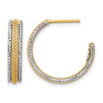 Leslie's 14K w/Rhodium Polished/Textured/Dia-cut J-Hoop Earrings