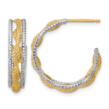 Leslie's 14K w/Rhodium Polished/Textured/Dia-cut Twist J-Hoop Earrings