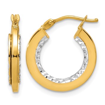 Leslie's 14K w/White Rhodium Polished and Diamond-cut Round Hoop Earrings