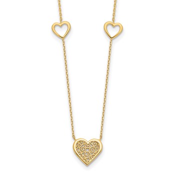 Leslie's 14K Polished and Filigree Heart Stations with 1in. ext. Necklace