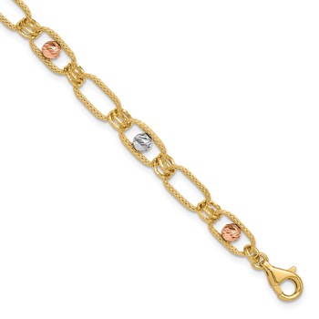 Leslie's 14K Tri-color Polished/Textured/Dia-cut Fancy Link Bracelet