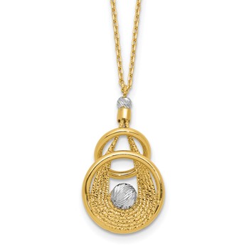 Leslie's 14K Two-tone Polished Diamond-cut and Textured Intertwined Circles with Bead Pendant 16.5 inch with .5in extender Necklace