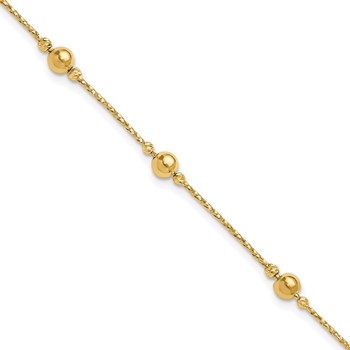 Leslie's 14K Polished/Textured/Dia-cut Beads w/1in ext. Bracelet