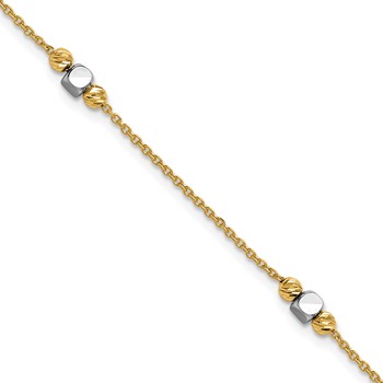 Leslie's 14K Two-tone Polished / Dia-cut Beads w/1in ext. Bracelet