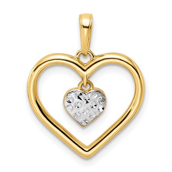 14k and White Rhodium Diamond-cut Heart Dangle in Heart Pendant