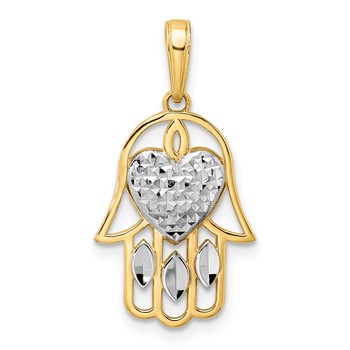 14k and White Rhodium Diamond-cut Heart Hamsa Pendant