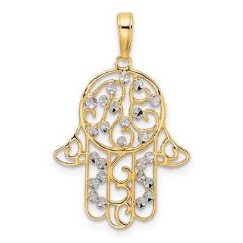 14k and White Rhodium Diamond-cut Fancy Hamsa Pendant