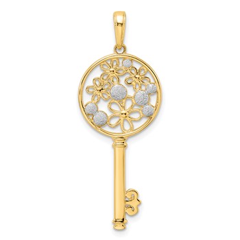14k and White Rhodium Flowers Key Pendant