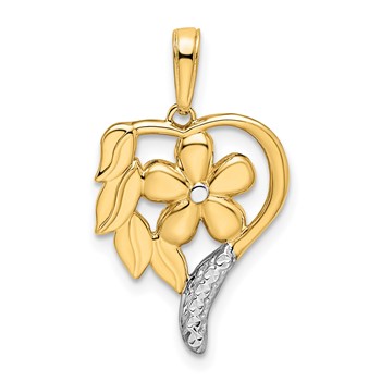 14k and White Rhodium Diamond-cut Floral Heart Pendant