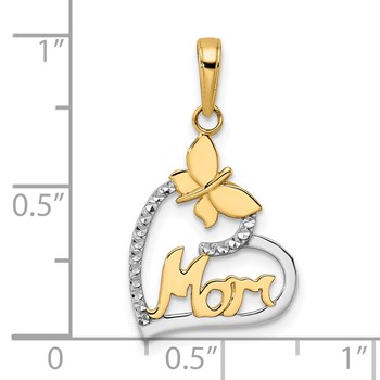 14K with White Rhodium Diamond-cut Butterfly and MOM in Heart Pendant — alternate view