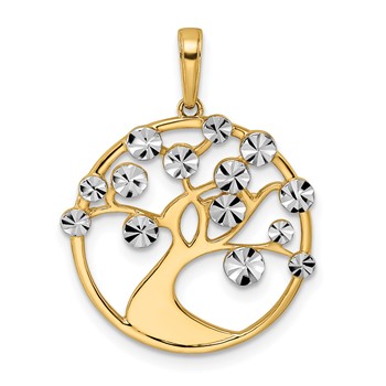 14K and White Rhodium Diamond-cut Tree of Life Pendant