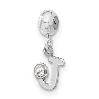 Sterling Silver Rhodium-plated MeMi Letter J with Crystal Charm