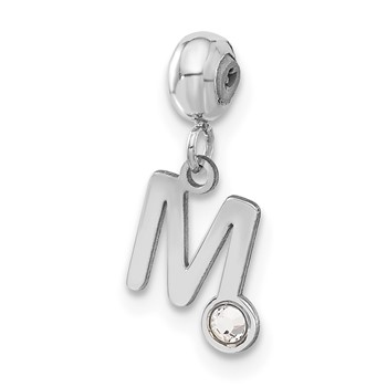 Sterling Silver Rhodium-plated MeMi Letter M with Crystal Charm