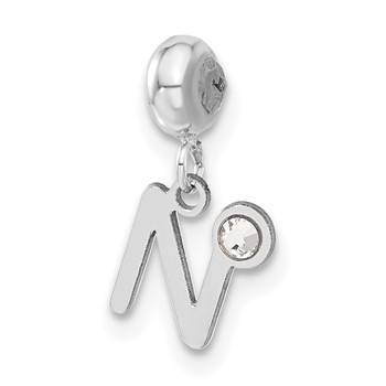 Sterling Silver Rhodium-plated MeMi Letter N with Crystal Charm