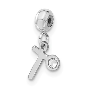 Sterling Silver Rhodium-plated MeMi Letter T with Crystal Charm