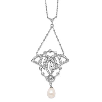 Sterling Silver Rhodium-plated CZ and Freshwater Cultured Pearl Drop 18.5inch Necklace