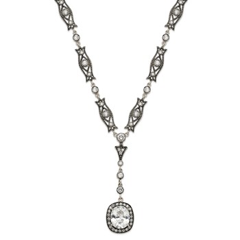 Sterling Silver Rhod-pl Antiqued White Cz Oval Necklace — alternate view