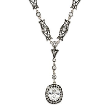 Sterling Silver Rhod-pl Antiqued White Cz Oval Necklace