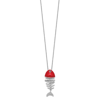 Sterling Silver RH-plated Lucky Fish CZ Skeleton Red Enamel Pend Necklace — alternate view