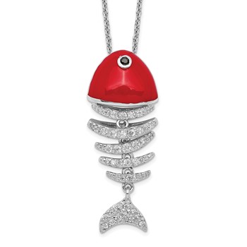 Sterling Silver RH-plated Lucky Fish CZ Skeleton Red Enamel Pend Necklace