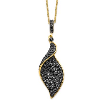 Sterling Silver Gold and Hematite-plated Black CZ Leaf Drop 18in Necklace