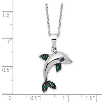 Sterling Silver Rhodium-plated Polished Blue and Green CZ Dolphin 16 Inch with 2 Inch Extension Necklace — alternate view