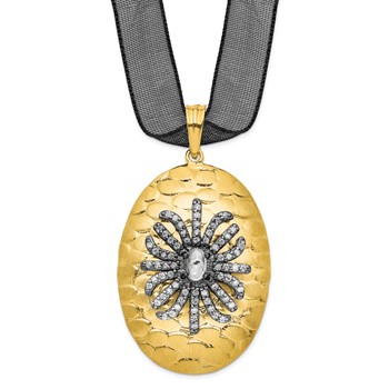 Sterling Silver Gold-tone CZ Pendant with Black Sheer Ribbon Necklace