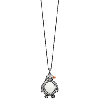 Sterling Silver Black Rhodium Simulated White Agate and Cz Penguin Necklace — alternate view