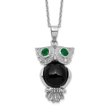 Sterling Silver RH-plated Onyx Green & Clear CZ Owl w/ 2in ext Necklace