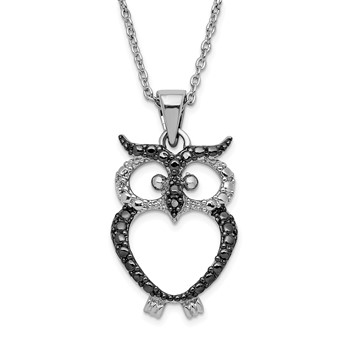 Sterling Silver Black Rhodium-plated Polished Black and White CZ Owl 16 Inch with 2 Inch Extension Necklace