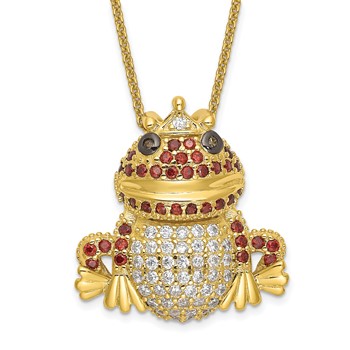 Sterling Silver Gold-plated and Black-plated Multicolored CZ Frog 18 Inch Necklace