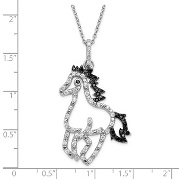 Sterling Silver Rhodium-plated Polished Black and White CZ Horse 16 Inch with 2 Inch Extension Necklace — alternate view