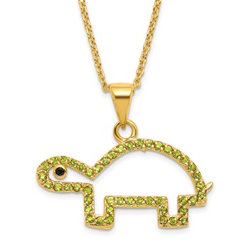 STERLING SILVER GOLD PLATE SIMULATED PERIDOT AND BLACK CZ TURTLE 16"+2" NECKLACE